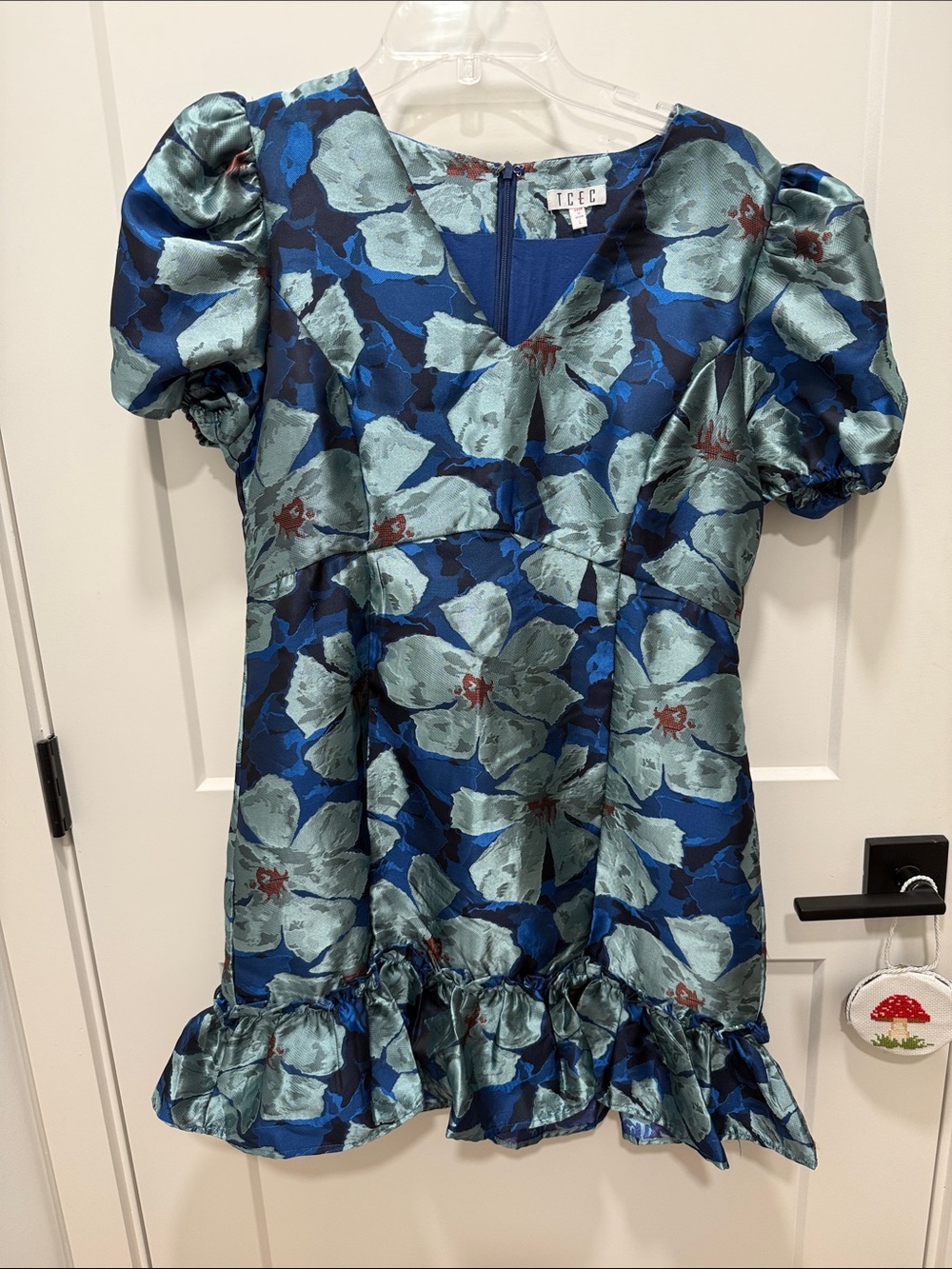 TCEC Blue and Teal Floral Puff-Sleeve Dress